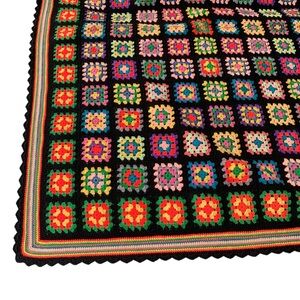 Vintage Afghan Quilt Throw Bedspread Blanket Granny Square Black Cabin Vibes